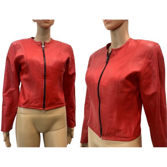 Vintage Red Leather Jacket Cropped 80s 90s CHIA Shoulder Pads | S - Picture 3 of 10